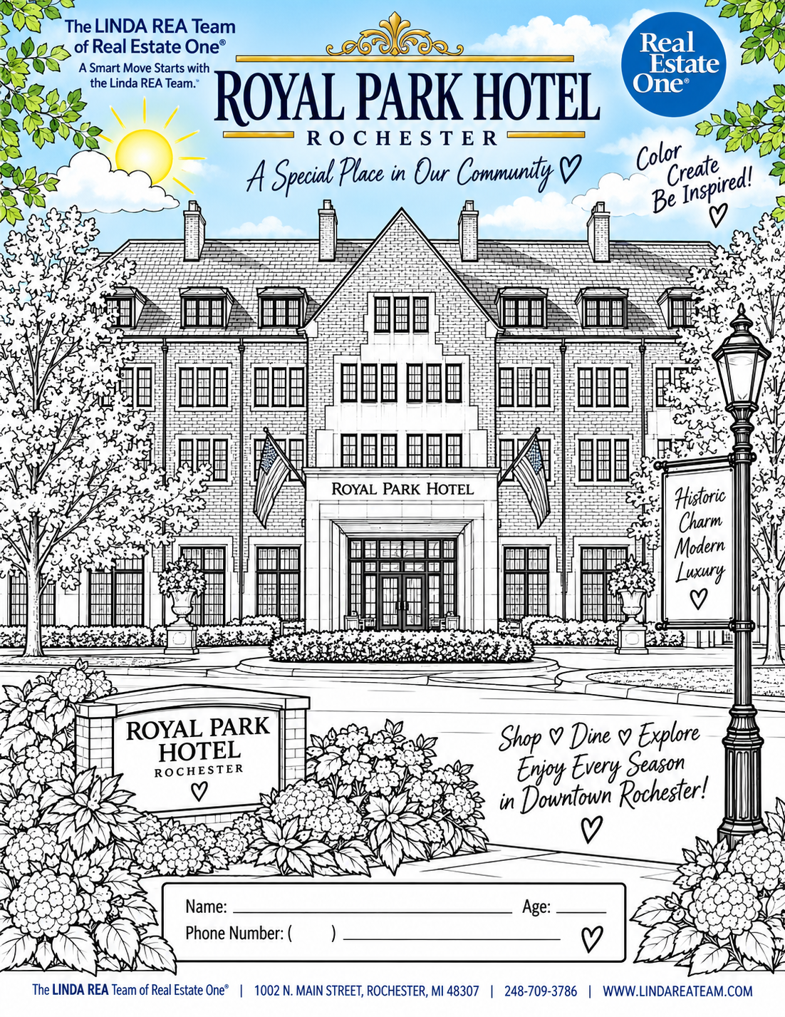 Royal Park Hotel coloring page featuring the hotel and its gardens