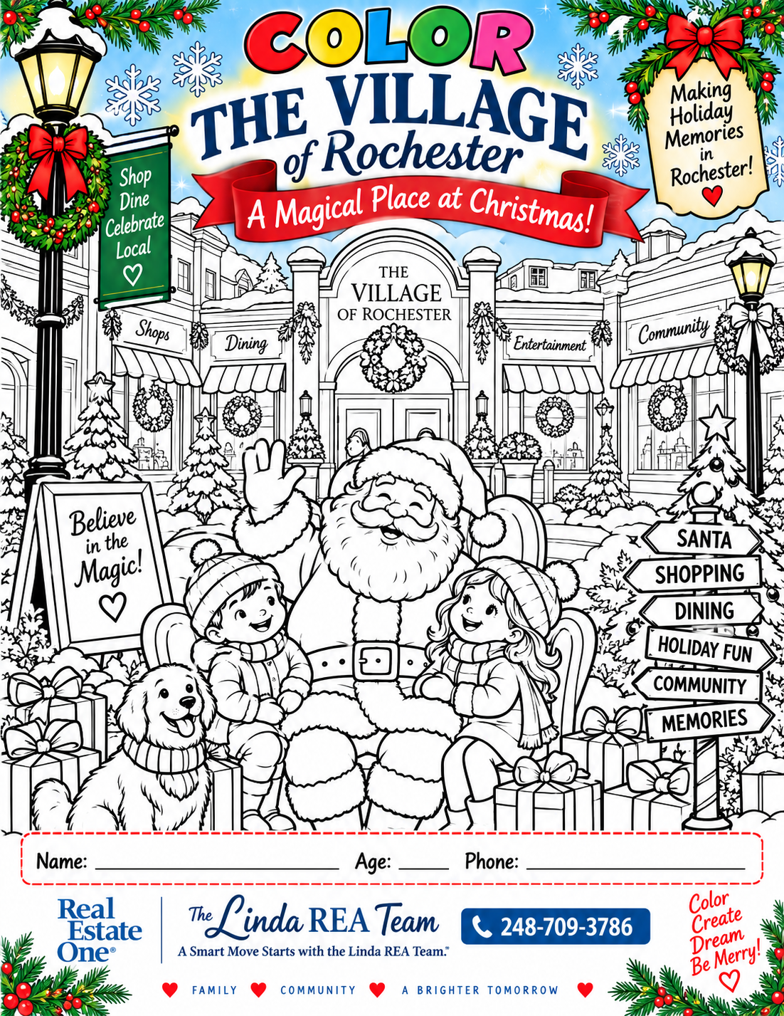 Christmas coloring page featuring Santa and a family at the Village of Rochester