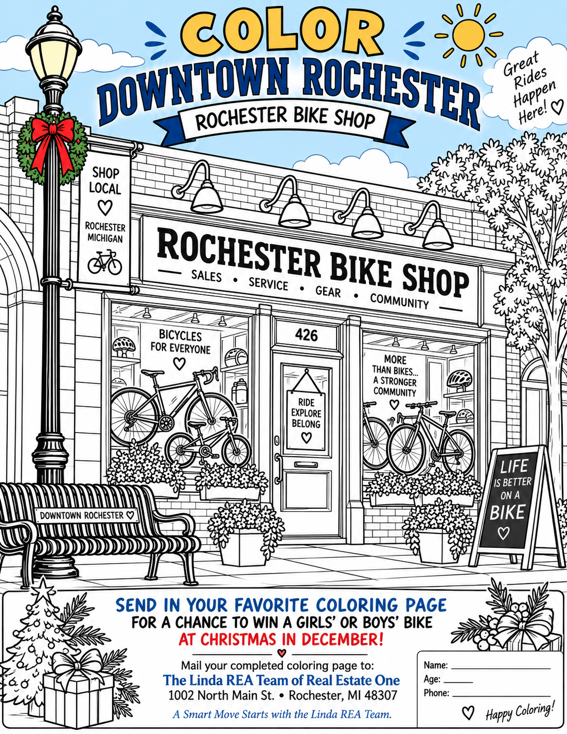 Rochester Bike Shop coloring page featuring bicycles and the storefront