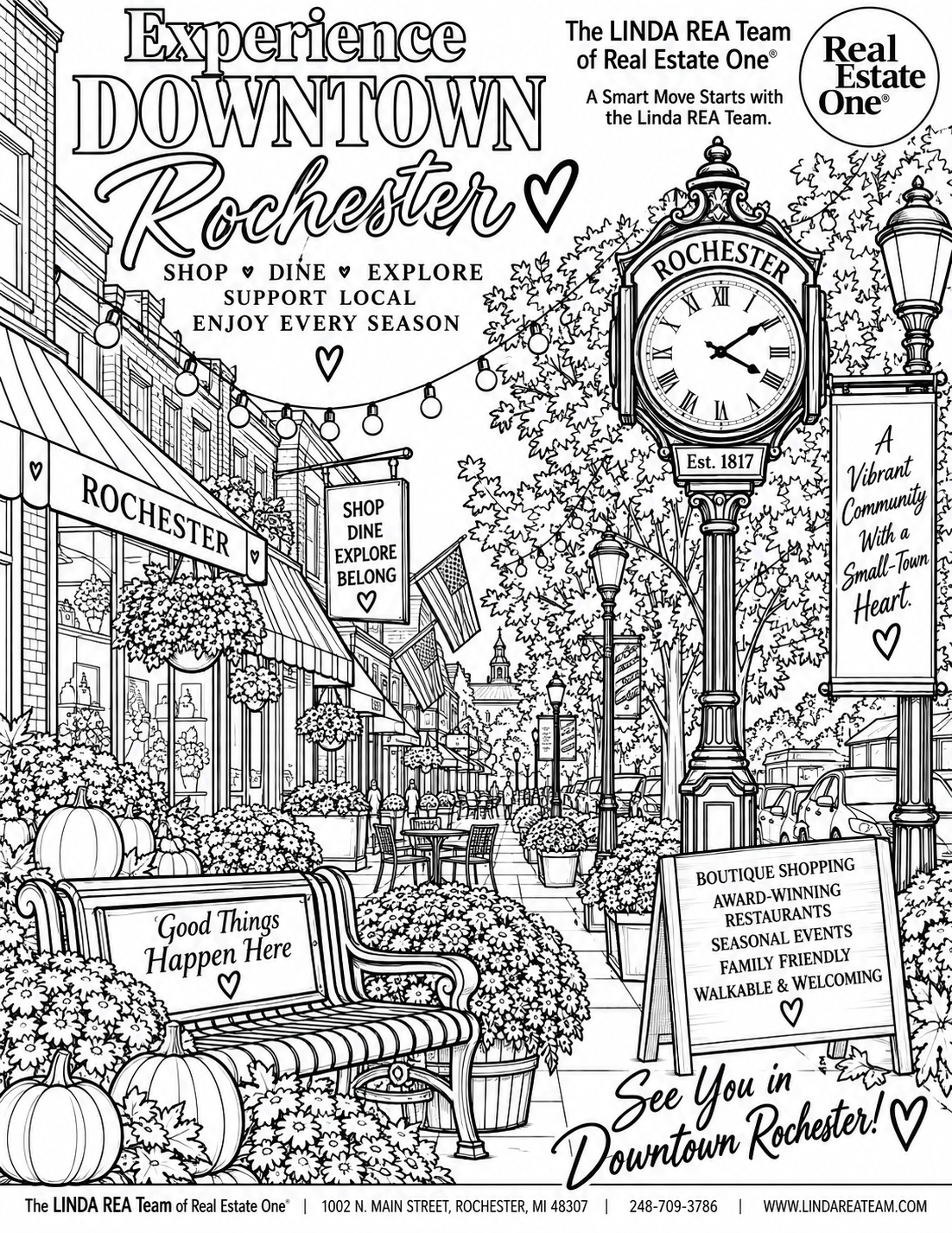 Black-and-white Downtown Rochester coloring page featuring storefronts and the downtown clock