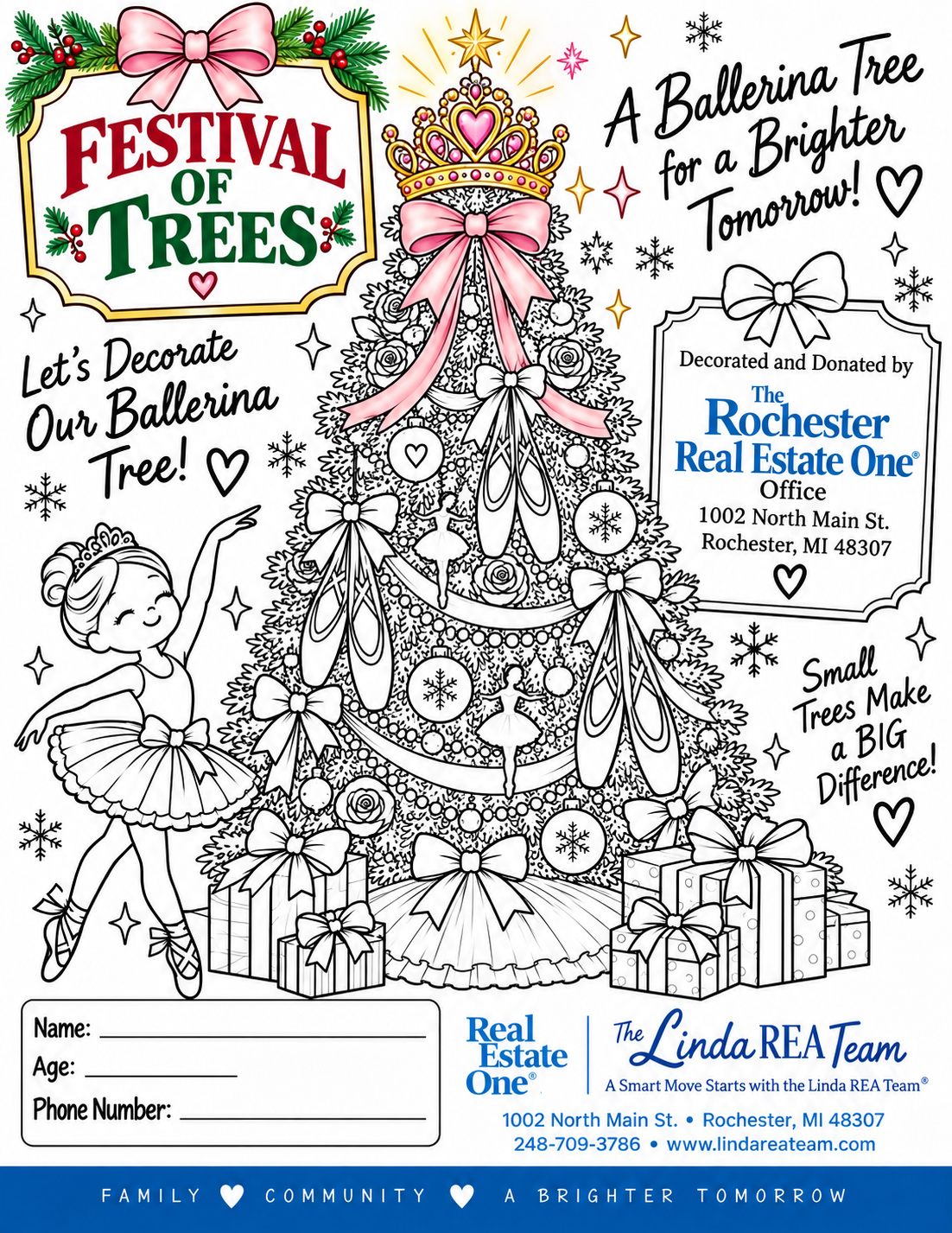 Festival of Trees coloring page featuring a ballerina Christmas tree
