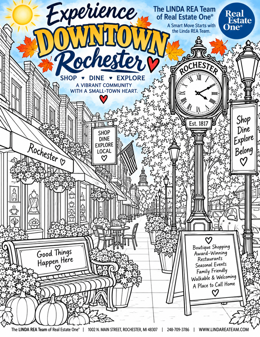 Downtown Rochester coloring page with colorful heading and the downtown clock