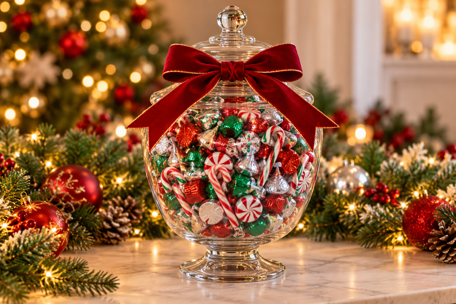 Festive glass jar filled with Christmas candy and decorated with a red bow